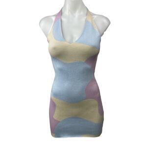 Peppermayo Multicolor Pastel Halter Sleeveless V Neck Mini Bodycon Dress Sz S/M